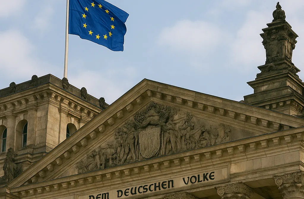KI-generiertes Bild vom Bundestag mit EU-Flagge