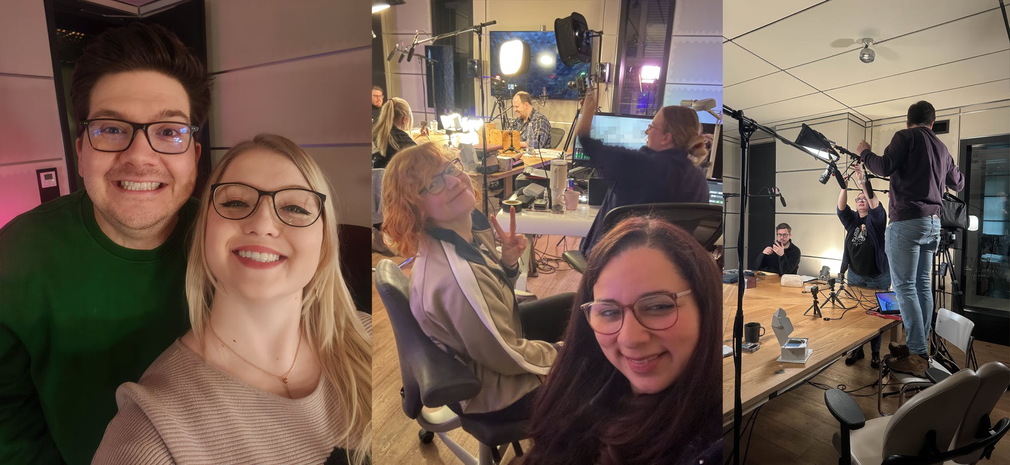 Collage aus drei Fotos vom Drehwochenende im Studio: Links ein Selfie von Patze und Rieke, die in die Kamera grinsen. In der Mitte sitzen einige Spielis am Spieltisch mit Mikrofonen, Lichtern und Technik; Stephie zeigt ein Peace-Zeichen in die Kamera, vor ihr sitzt Carina an der Videoregie und ganz nah an der Kamera sitzt Aylin. Rechts richten Patze und Carina Licht- und Kamera-Equipment über dem Tisch aus, während Tim im Hintergrund an seinem Handy spielt.