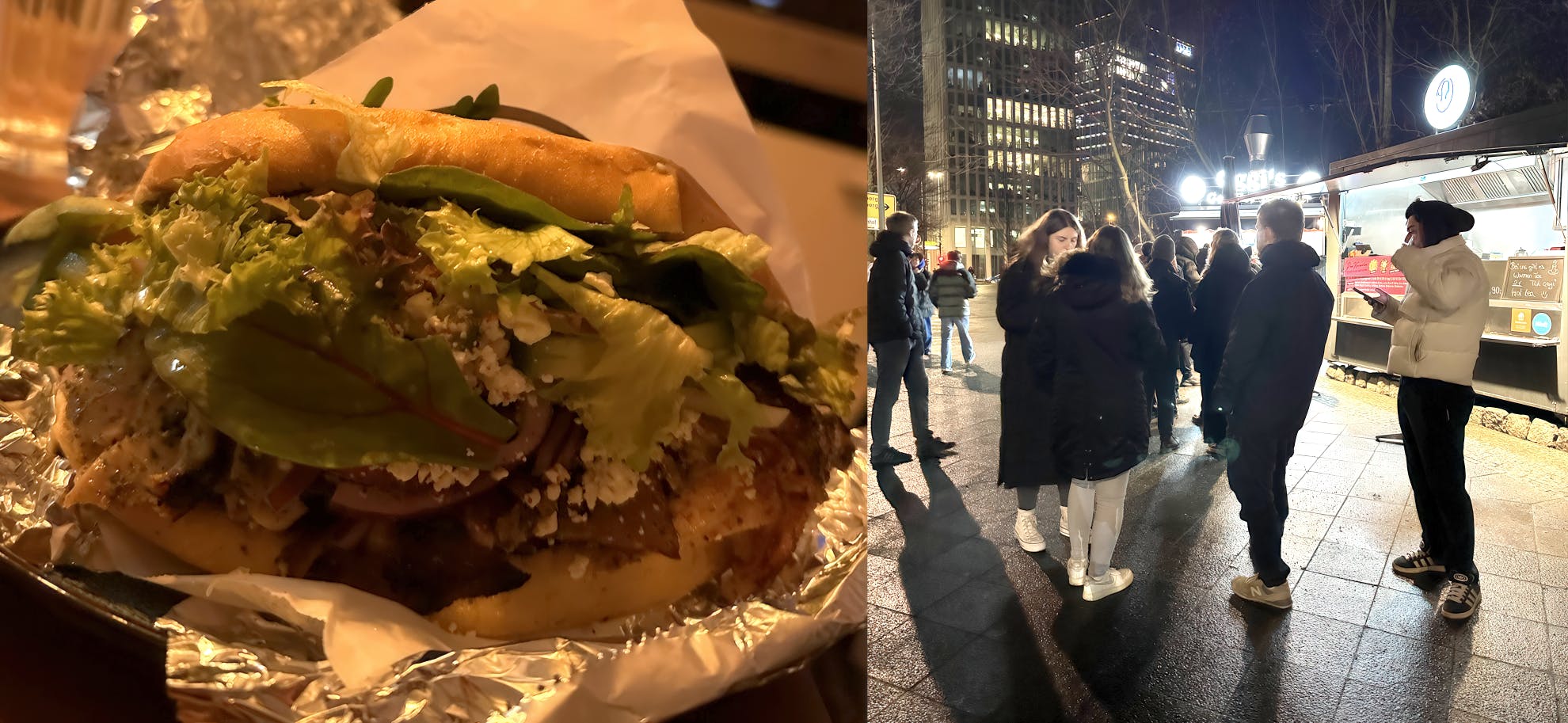 Collage aus zwei Fotos: Links ein belegter Gemüsedöner mit Salat, Fleisch und Käse. Rechts steht eine Gruppe von Menschen abends in einer Schlange an dem beleuchteten Foodtruck von Oggi’s Gemüsekebab in der Nähe des Berliner Hauptbahnhofs.