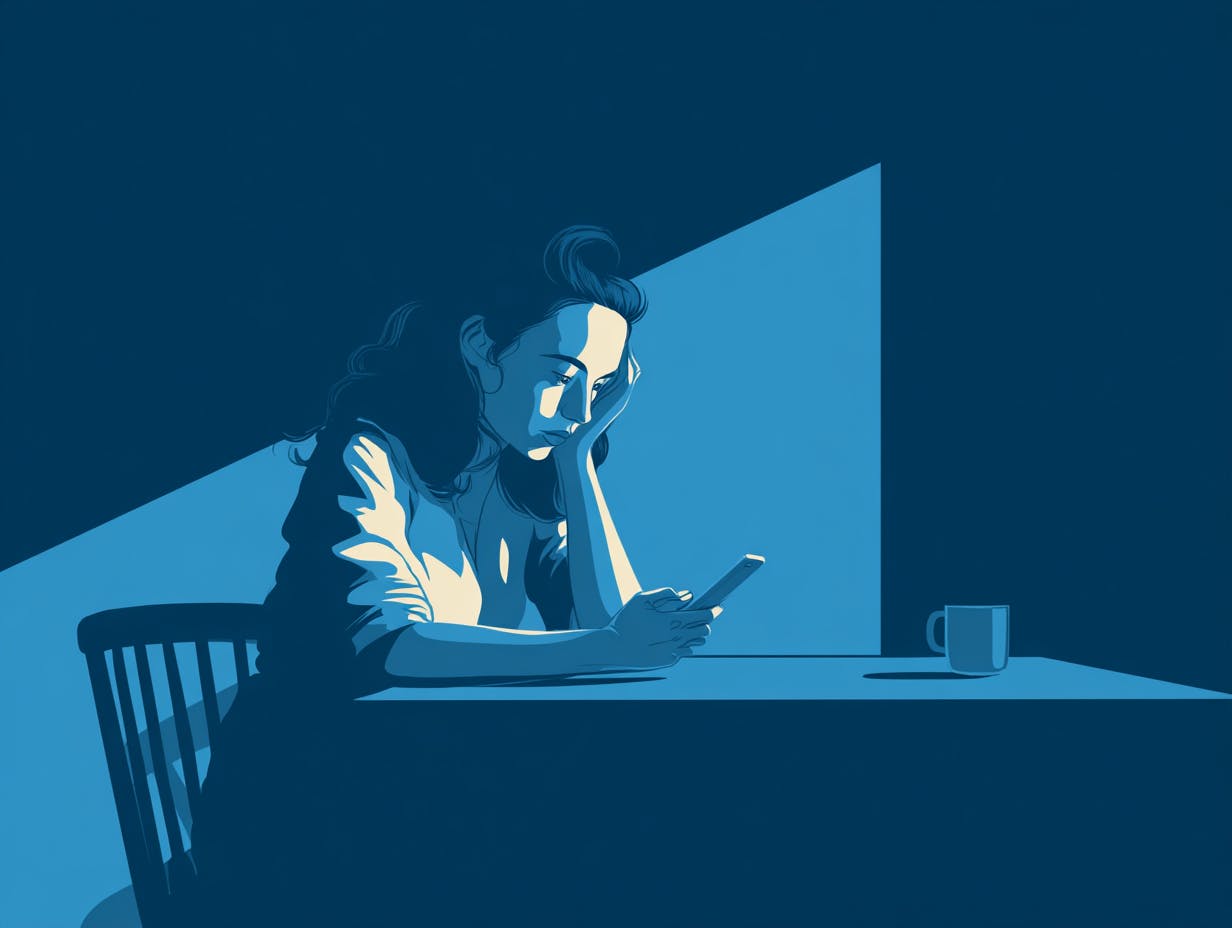 Eine Frau schaut auf ihr Handy, sie sieht besorgt aus.