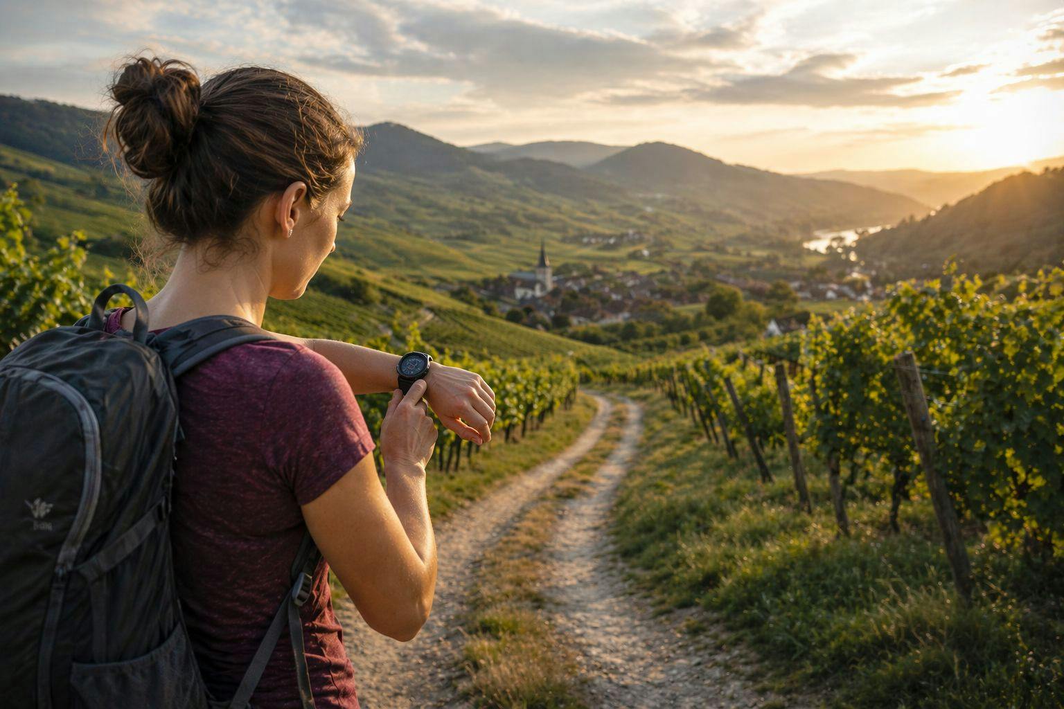 KI-generiertes Bild einer Wanderin, die auf eine Smartwatch blickt.