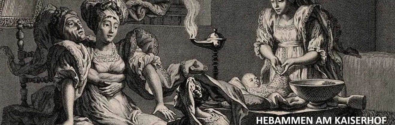 Griechische Frau auf einem Gebärstuhl mit Textzeile "Hebammen am Kaiserhof"