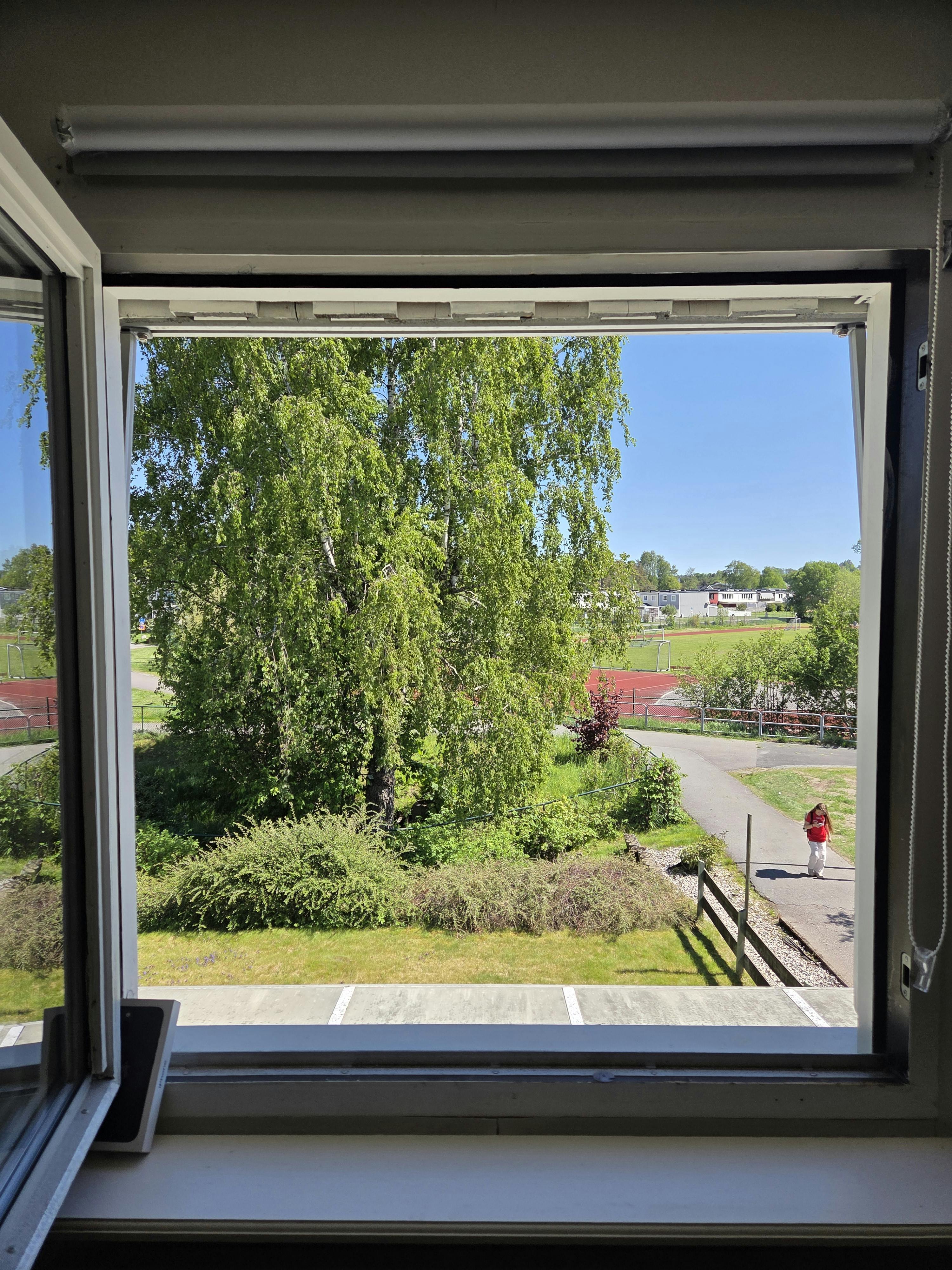 Blick aus einem Fenster, Bäume, Sportplatz, Häuser
