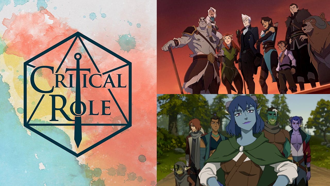 Links: Critical Role Logo. Rechts: ein Bild von der Truppe von The Legend of Vox Machina und darunter ein Bild von The Mighty Nein.