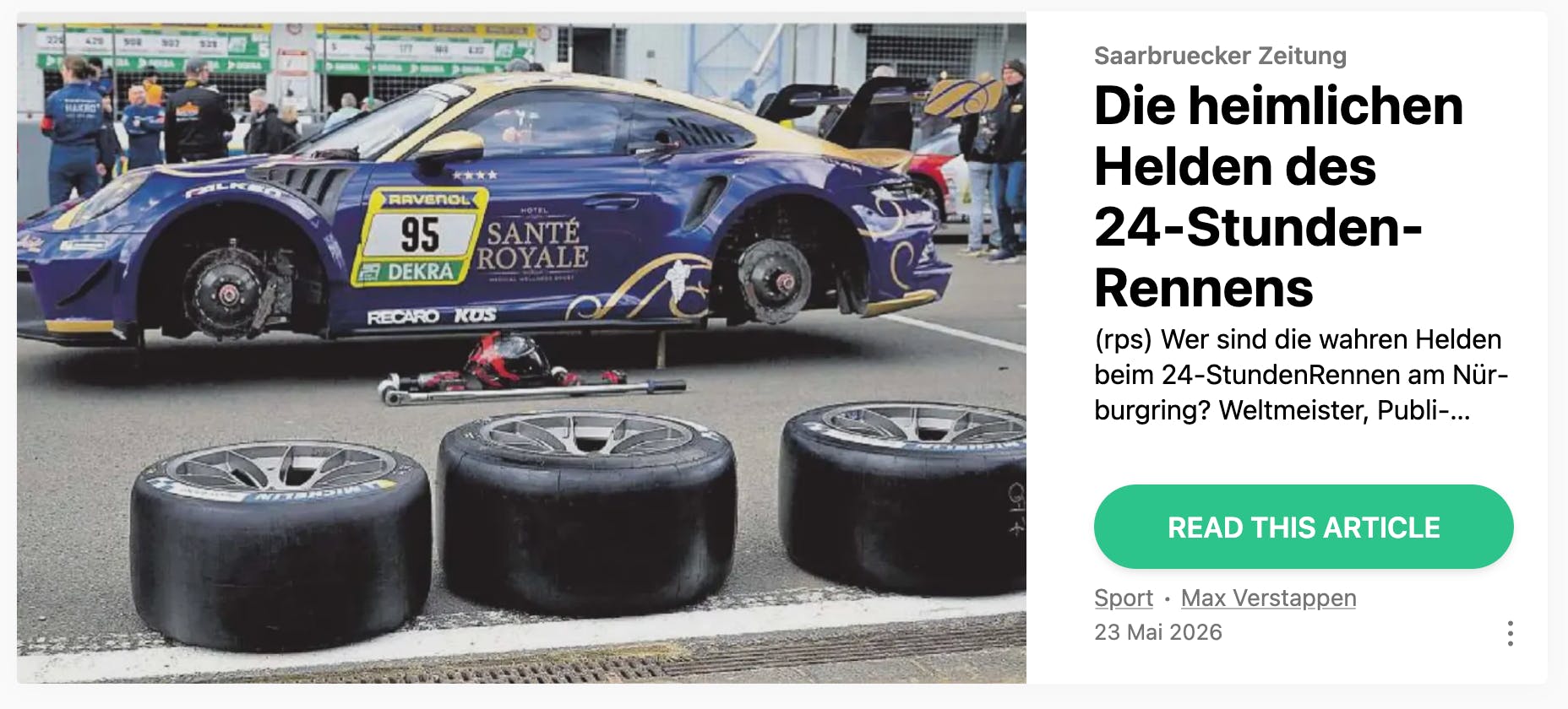 Screenshot von Presse-Reader auf einen Artikel "Die heimlichen Helden des 24h-Rennens", erschienen am 23. Mai 2026 in der Saarbrücker Zeitung
