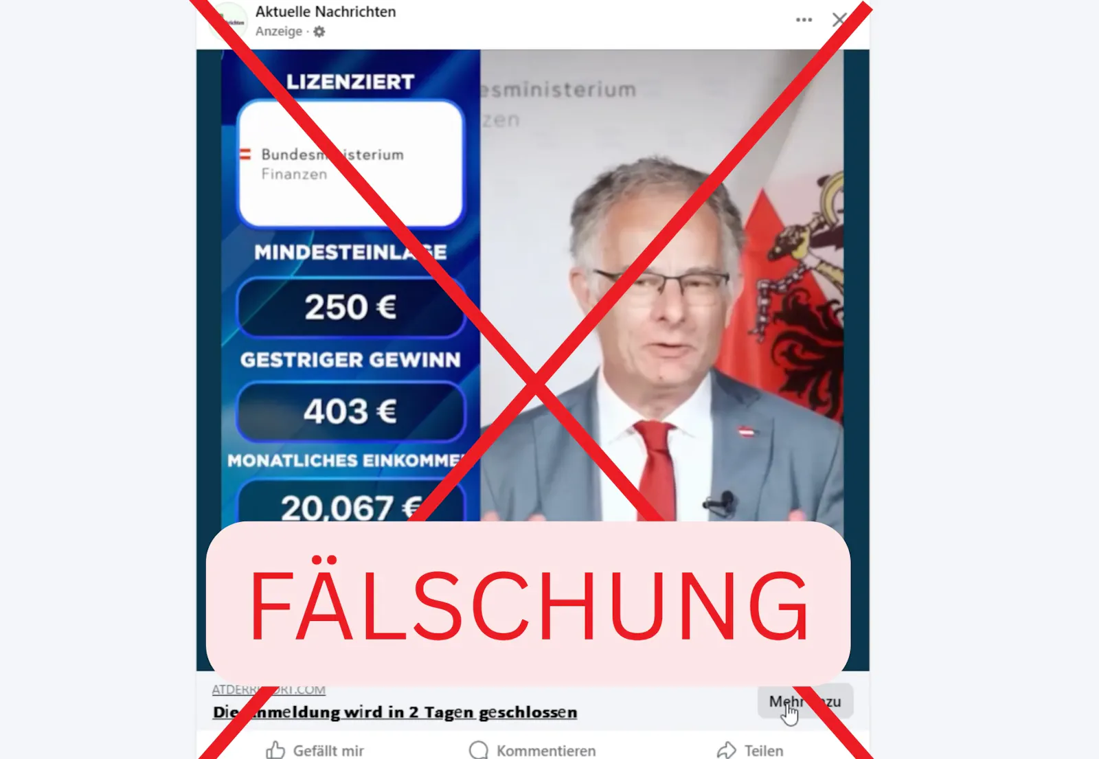 Betrügerischer Werbung mit KI-Darstellung von Markus Marterbauer, Screenshot: Yilmaz Gülüm