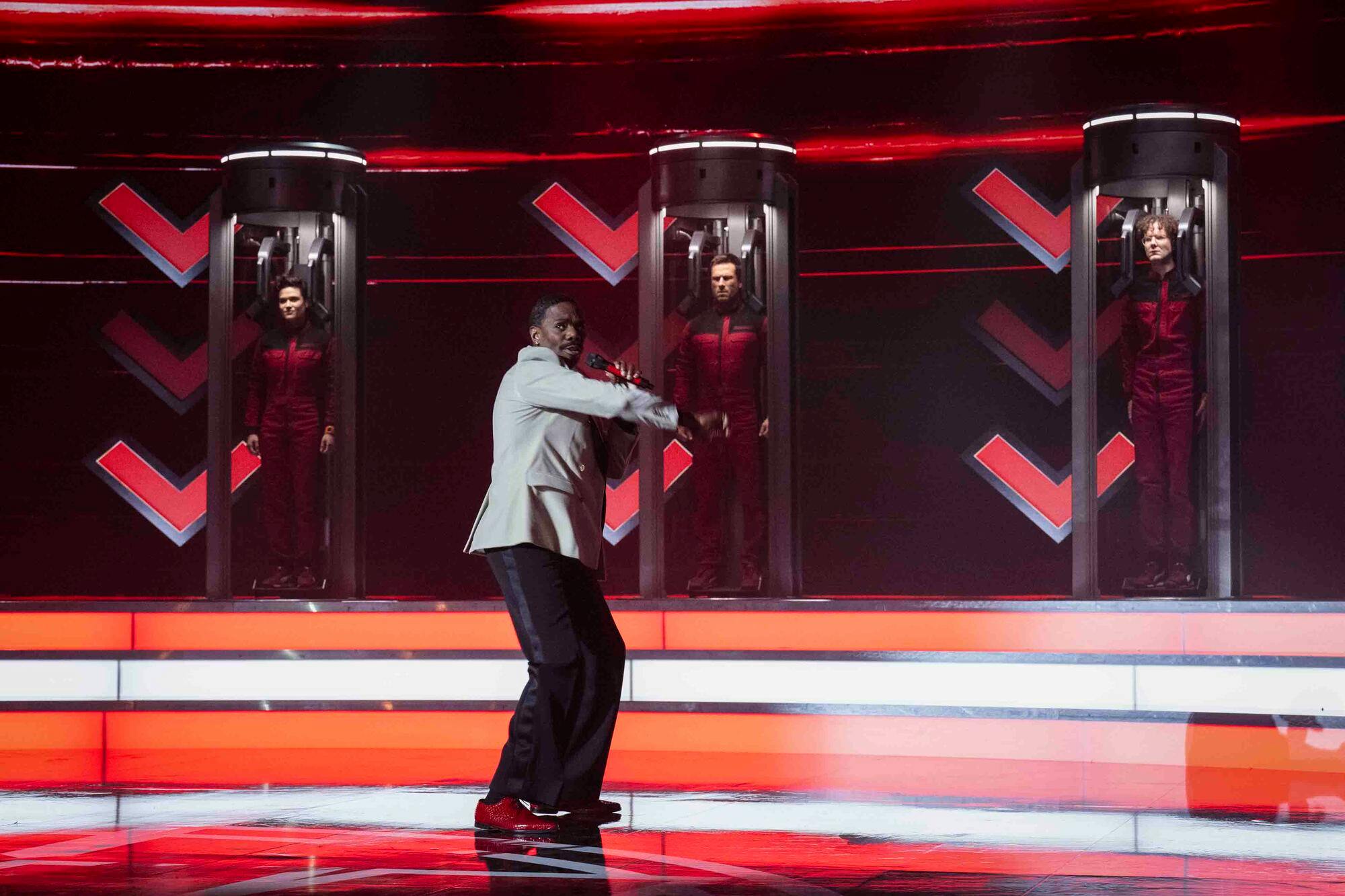 Katy O'Brian, Colman Domingo, Glen Powell und Martin Herlihy in Paramount Pictures'  THE RUNNING MAN // Foto: Ross Ferguson / © 2025 PARAMOUNT PICTURES. ALL RIGHTS RESERVED.