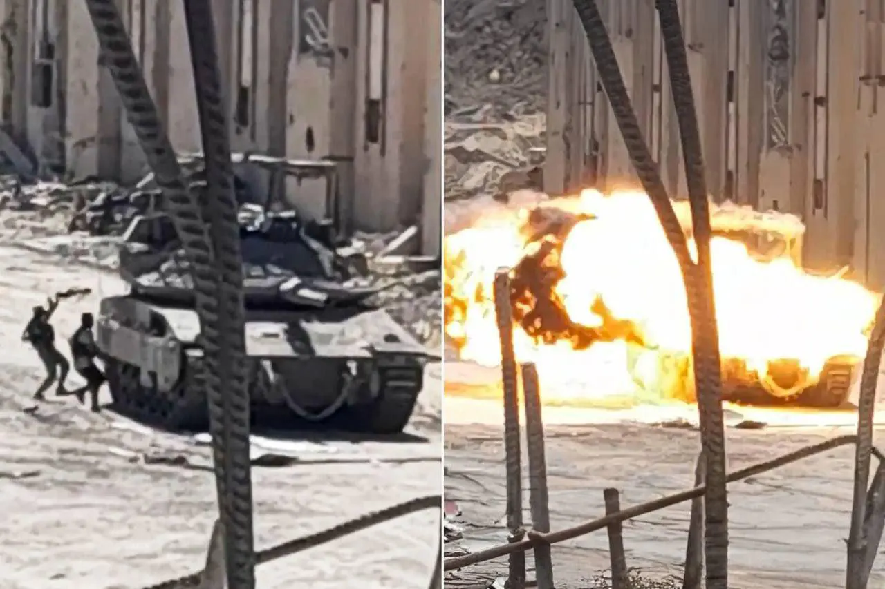 Doppelbild: Zwei Palästinenser werfen eine Sprengladung auf einen Merkava, der daraufhin komplett in Flammen steht.
