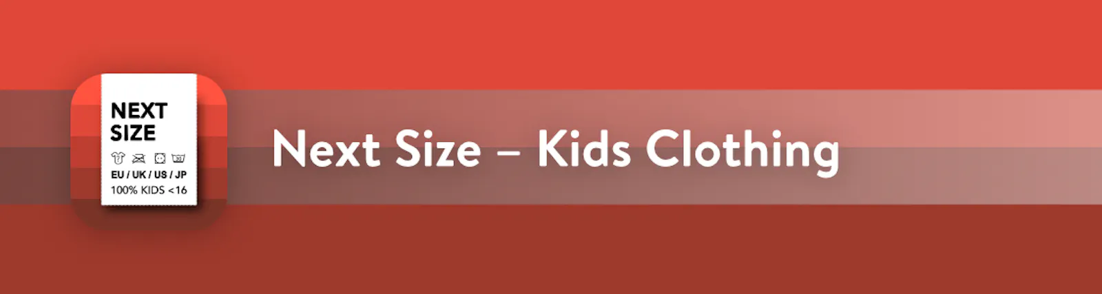 Next Size – Kids Clothing: App Icon showing a washing label on red background.