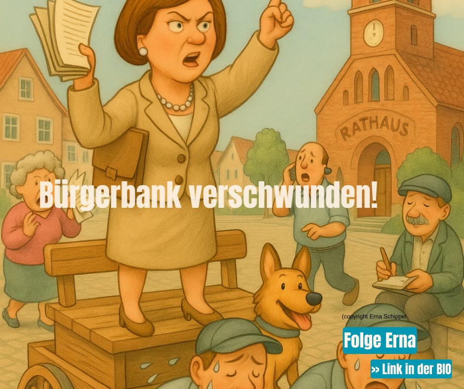 Illustration im Erna-Schippel-Stil: Frau Pusemuckel steht wütend auf einer Holzkiste vor dem Rathaus und schwenkt Papiere. Um sie herum herrscht Aufregung: Ein Mann telefoniert hektisch, ein älterer Herr schreibt Notizen, eine Frau wirkt entsetzt, und ein Hund schaut neugierig. Titeltext: ‚Bürgerbank verschwunden!