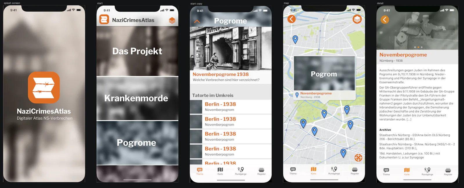 Bildschirmansichten des NaziCrimesAtlas als App. Startseite, Navigation und Einträge.