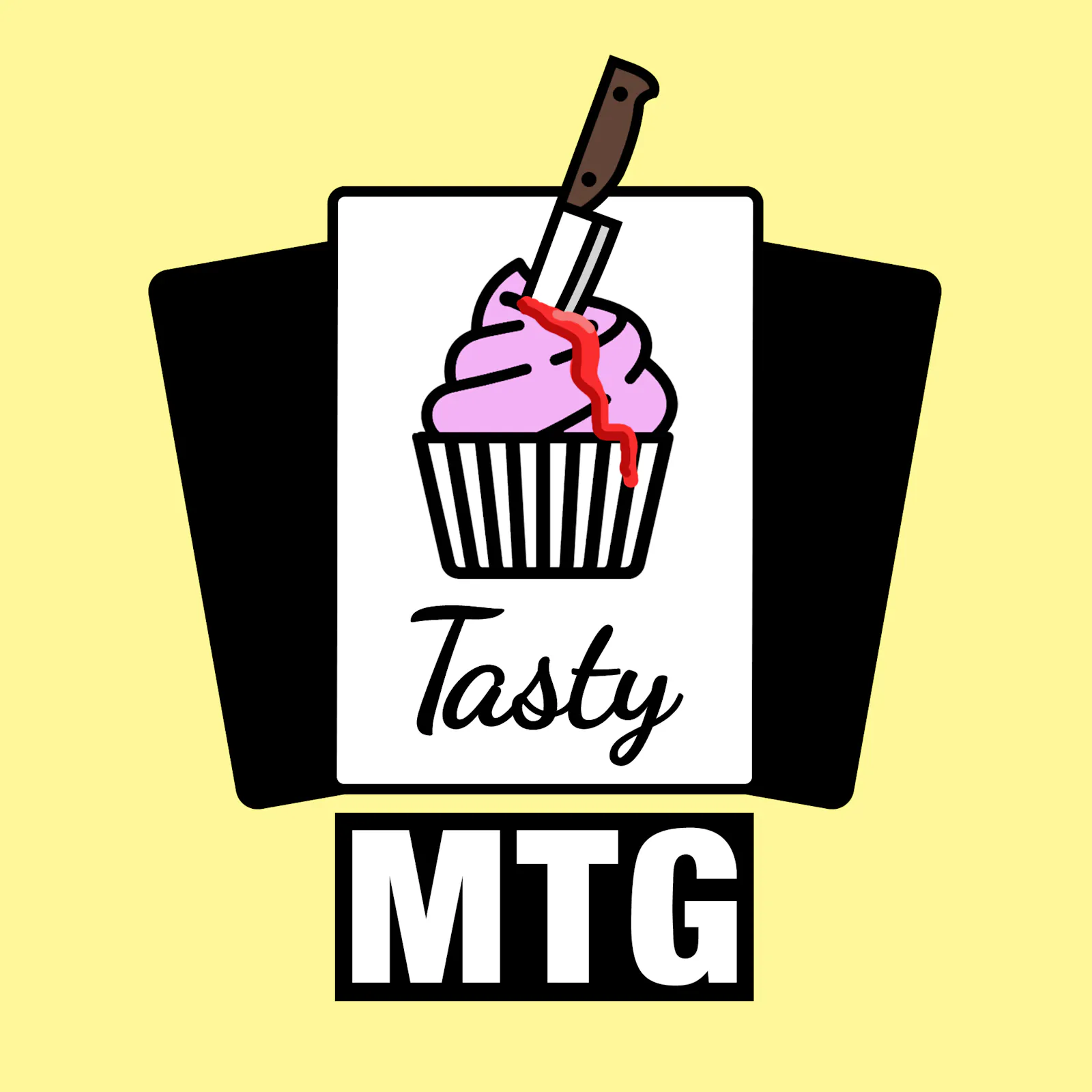 Das Cover zur aktuellen Folge: Der Tasty-MTG-Muffin hat ein Messer in sich stecken und blutet Zuckerguss