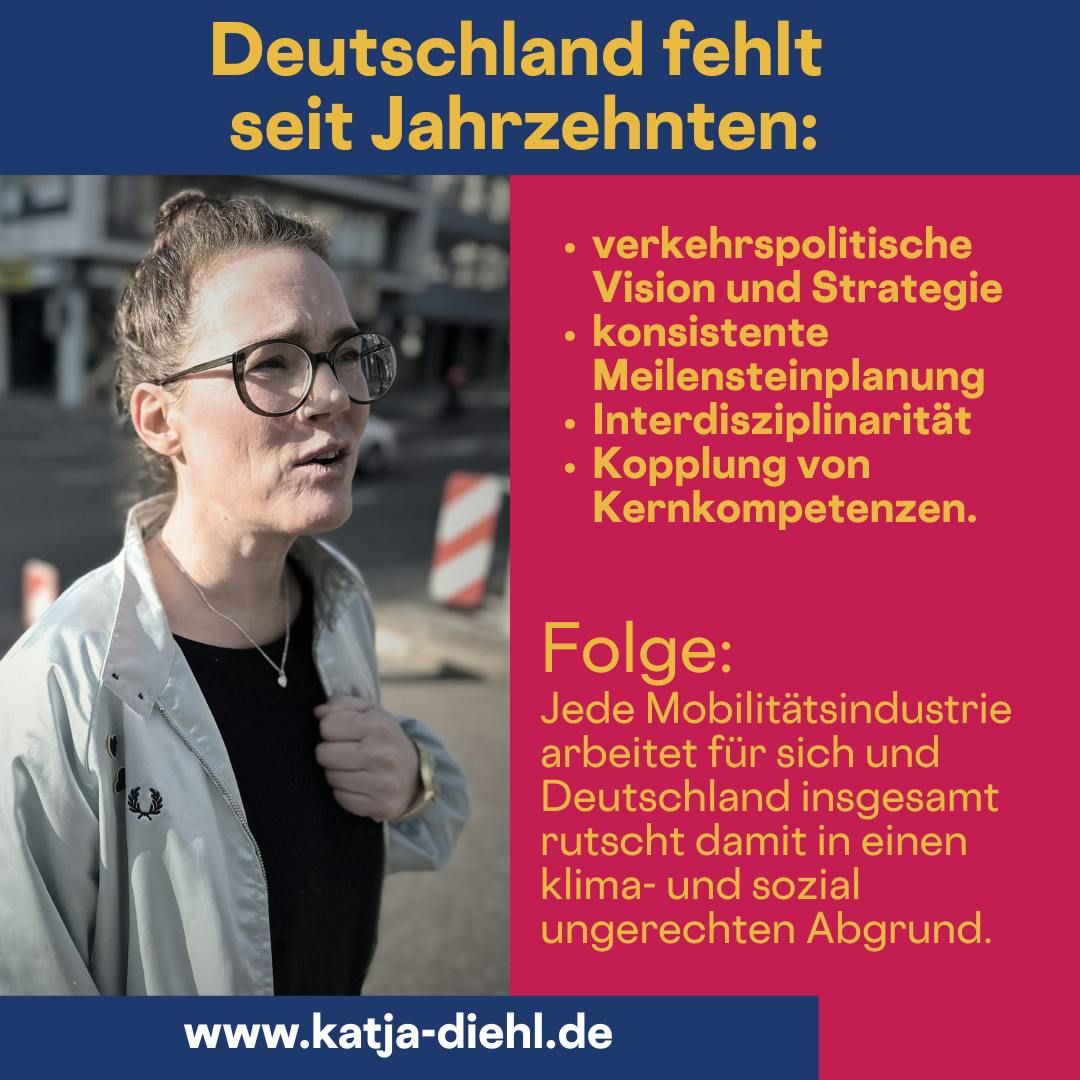 Deutschland fehlt seit Jahrzehnten:
• verkehrspolitische Vision und Strategie
• konsistente
Meilensteinplanung
• Interdisziplinarität
• Kopplung von Kernkompetenzen.
Folge:
Jede Mobilitätsindustrie arbeitet für sich und Deutschland insgesamt rutscht damit in einen klima- und sozial ungerechten Abgrund.