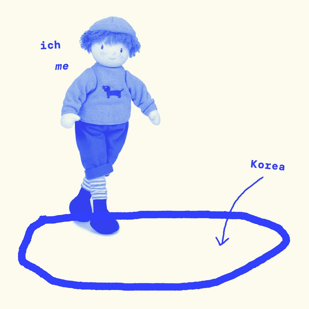 Doll with the words 'ich' and 'me' next to it wearing a hat and sweater with a dog pattern walking into a blue irregular shape labeled 'Korea'