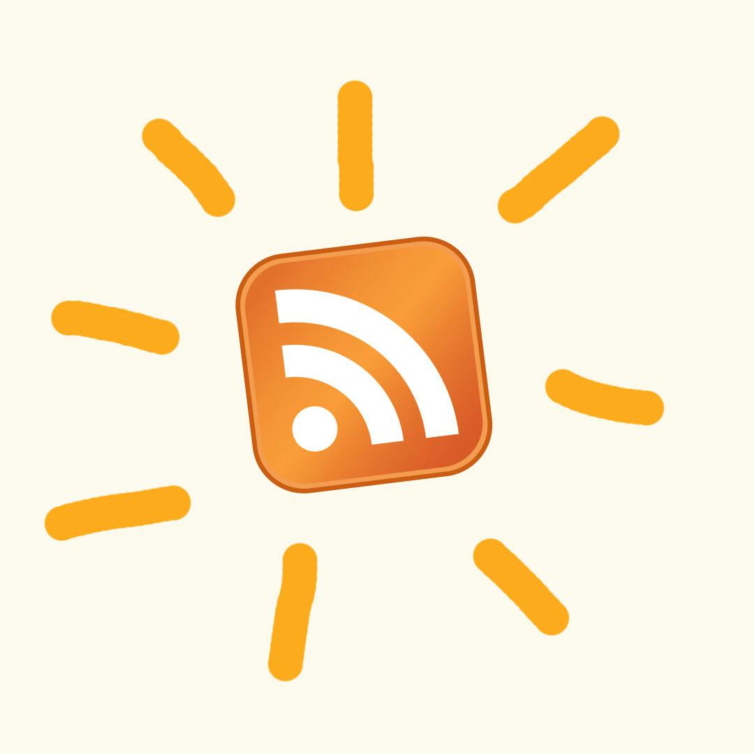 Orange RSS feed icon with radiating lines on a light background