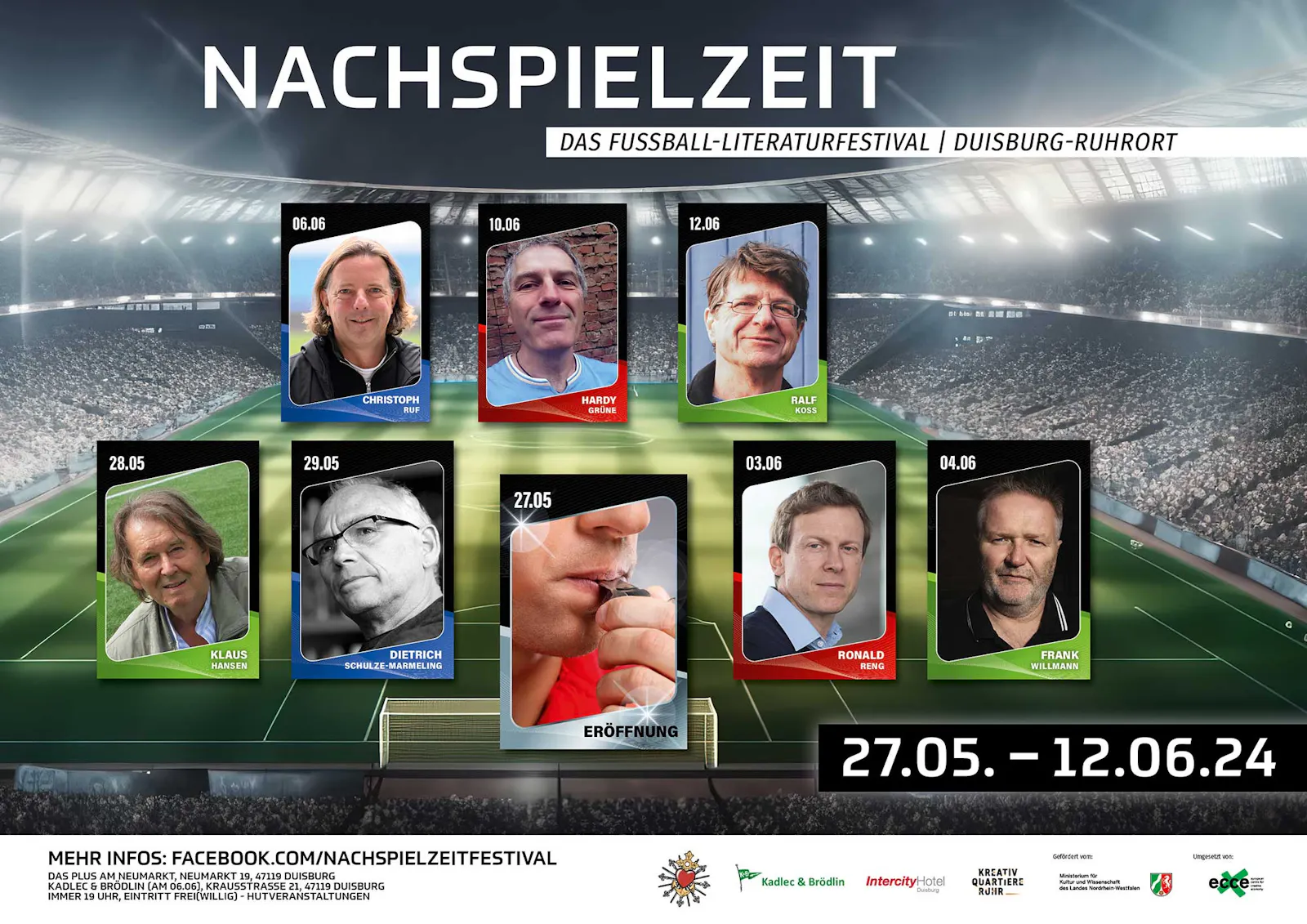 Plakat vom Festival für Fußballliteratur Nachspielzeit mit sieben Portraitfotos der auftretenden Autoren sowie einem Sympbolbild Anpfiff für die Eröffnungsveranstaltung.