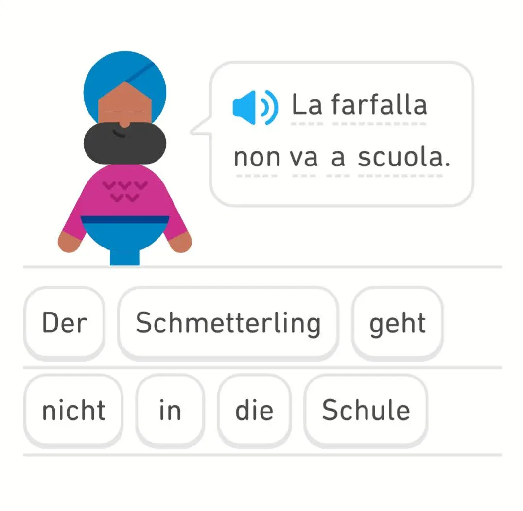 Duolingo-Screenshot: La farfalla non va a scuola. Der Schmetterling geht nicht in die Schule.