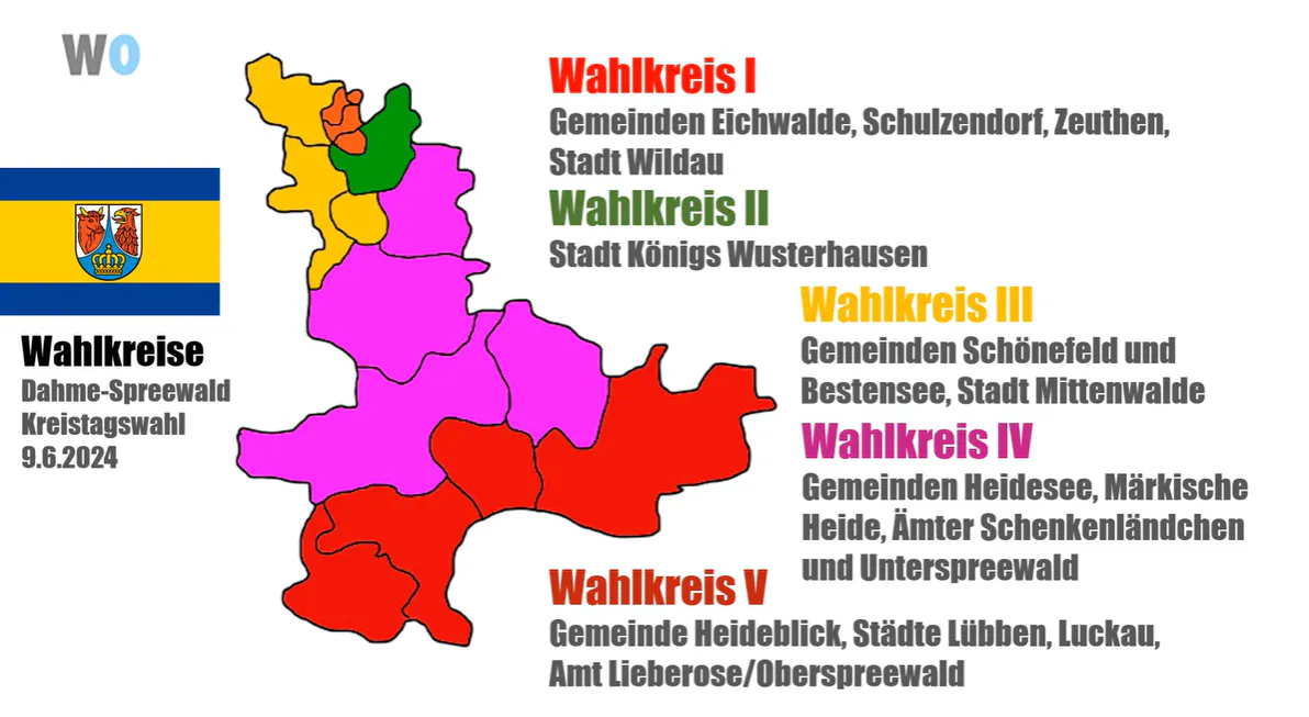 Wahlkreise zur Kreistagswahl:
Wahlkreis I: Gemeinde Eichwalde, Gemeinde Schulzendorf, Stadt Wildau, Gemeinde Zeuthen
Wahlkreis II: Stadt Königs Wusterhausen
Wahlkreis III: Stadt Mittenwalde, Gemeinde Schönefeld, Gemeinde Bestensee
Wahlkreis IV: Gemeinde Heidesee, Amt Schenkenländchen, Amt Unterspreewald, Gemeinde Märkische Heide
Wahlkreis V: Gemeinde Heideblick, Stadt Lübben (Spreewald), Stadt Luckau, Amt Lieberose/Oberspreewald