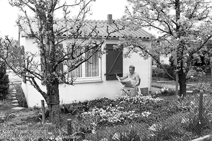 Ein Mann in Unterhemd sitzt vor einer gartenlaube und liest Zeitung. Es ist Frühlung und die Frühbüher blühen, so wie die zwei Obstbäume im Vordergrund.