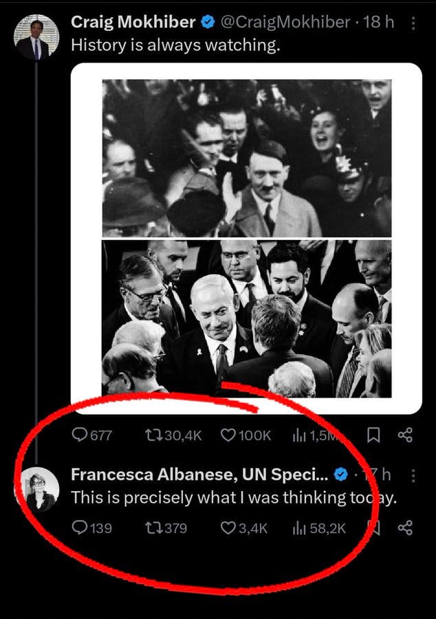 Ein Bild von Netanjahu einem historischen Bild von Adolf Hitler gegenübergestellt.