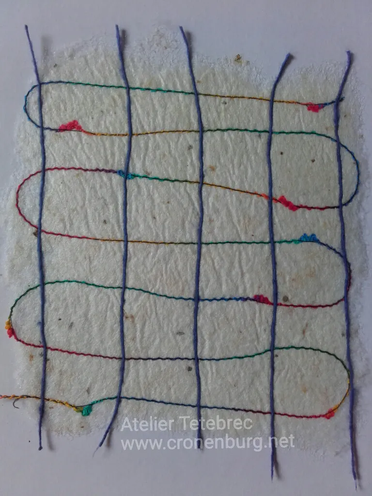 Hand-made silk paper, white, with an inlaid grid pattern made with differently coloured silk thread.
