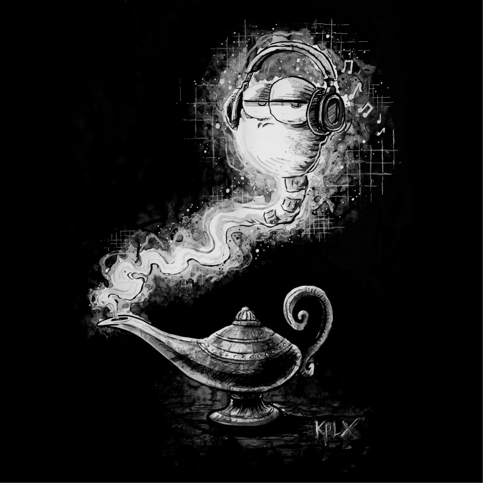 Eine Schwarz-Weiß-Tuschezeichnung auf A1: Aus einer orientalischen Wunderlampe steigt kein klassischer Geist, sondern ein genervt wirkender Wurm auf. Er trägt große Kopfhörer und hört Musik, dargestellt durch kleine Noten. Sein Blick ist halb gelangweilt, halb genervt, als wäre er beim Musikhören gestört worden.