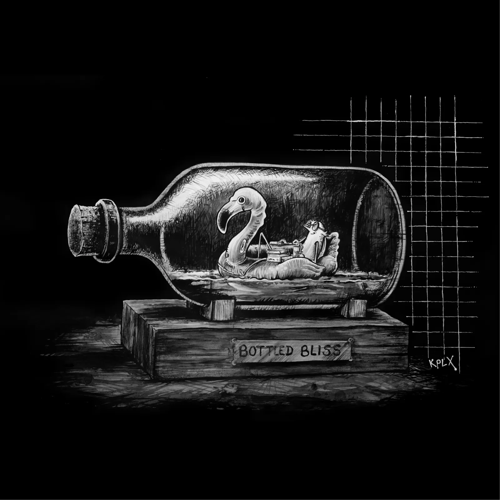 Tuschezeichnung auf DIN A1: Eine Fliege liegt entspannt in einem aufblasbaren Flamingo-Schwimmreifen, umgeben von Wasser, Cocktail und Urlaubsstimmung – allerdings in einer liegenden Glasflasche eingeschlossen. Die Flasche steht auf einem Holzsockel mit dem Etikett ‚Bottled Bliss‘. Die Szene erinnert an ein Flaschenschiff.