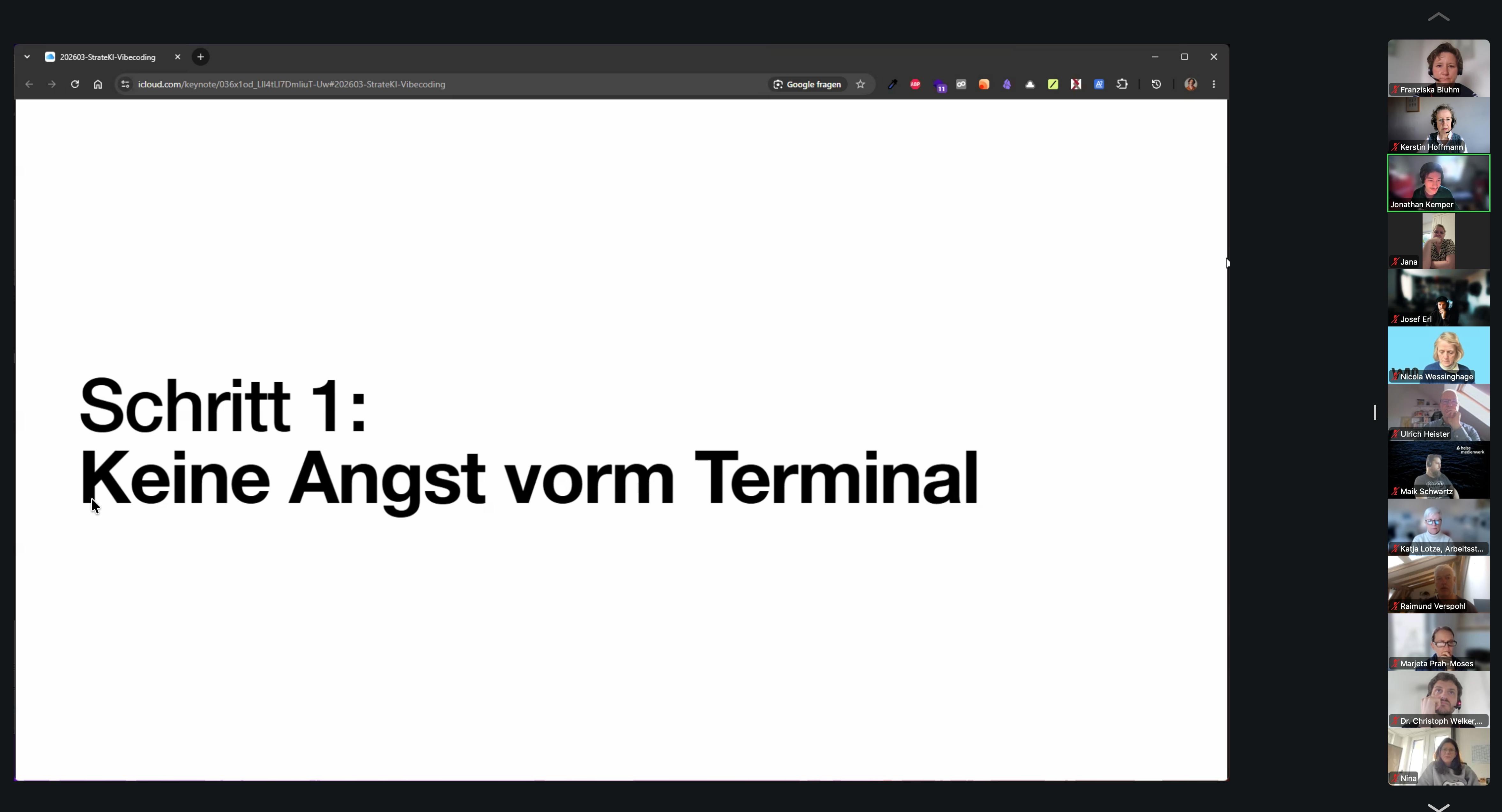 Screenshot der Zoom-Konferenz vom StrateKI Breakfast Club am 1. April mit Folie "Keine Angst vorm Terminal"