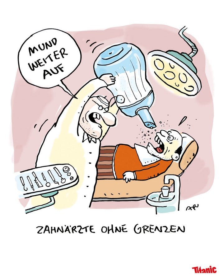 Von Ari Plikat gezeichneter Cartoon: In der Zahnarztpraxis: Der Zahnarzt streut dem entsetzt schauenden Patienten aus einem überdimensionalen Zuckerstreuer Zucker in den Mund und sagt: "Mund weiter auf". Die Bildunterschrift lautet: "Zahnärzte ohne Grenzen".
