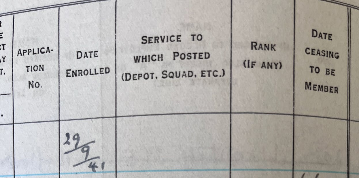 Detail from Oxford's Air Raid Precautions Register showing Tolkien enrolled as an air raid warden on 29 September 1941