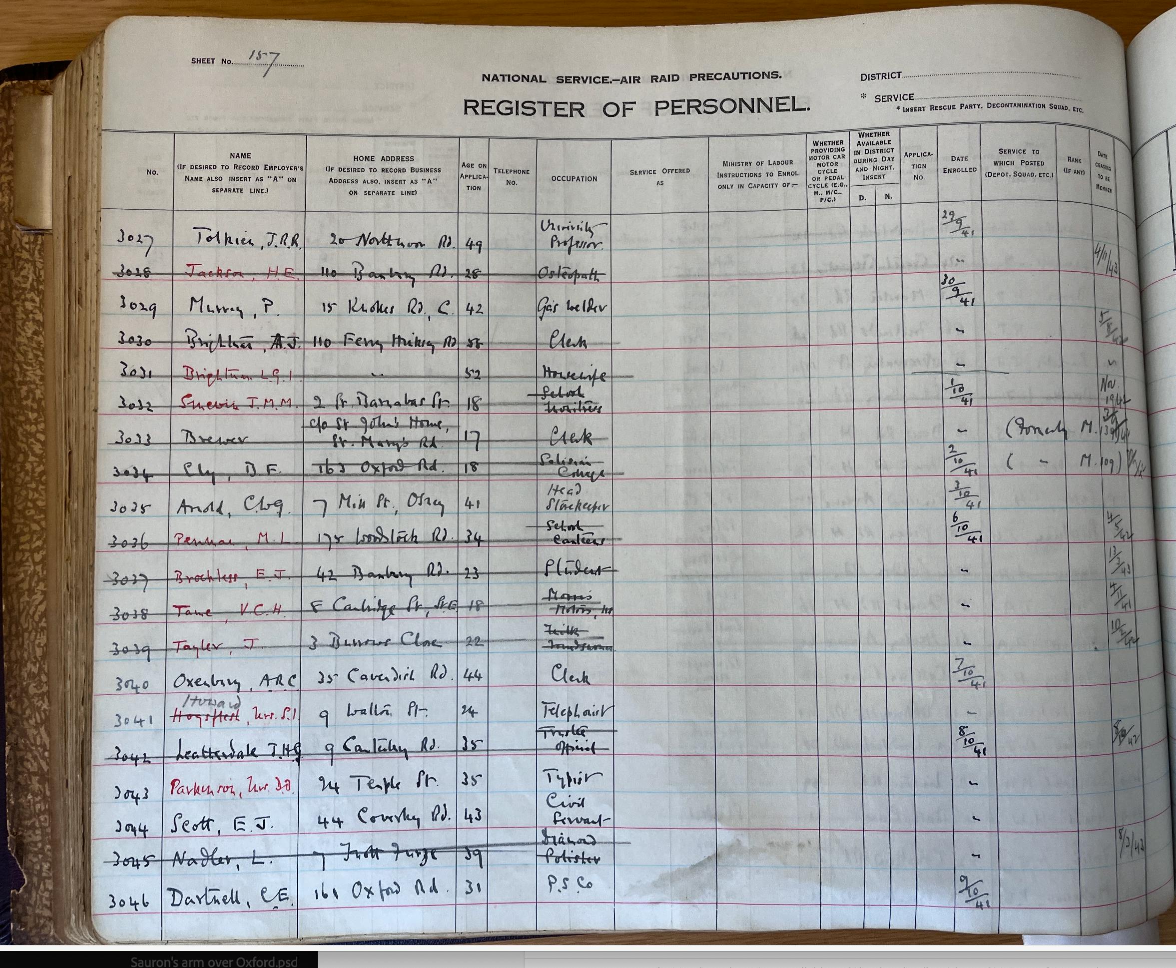 Tolkien in Oxford's Air Raid Precautions Register showing he enrolled as an air raid warden on 29 September 1941