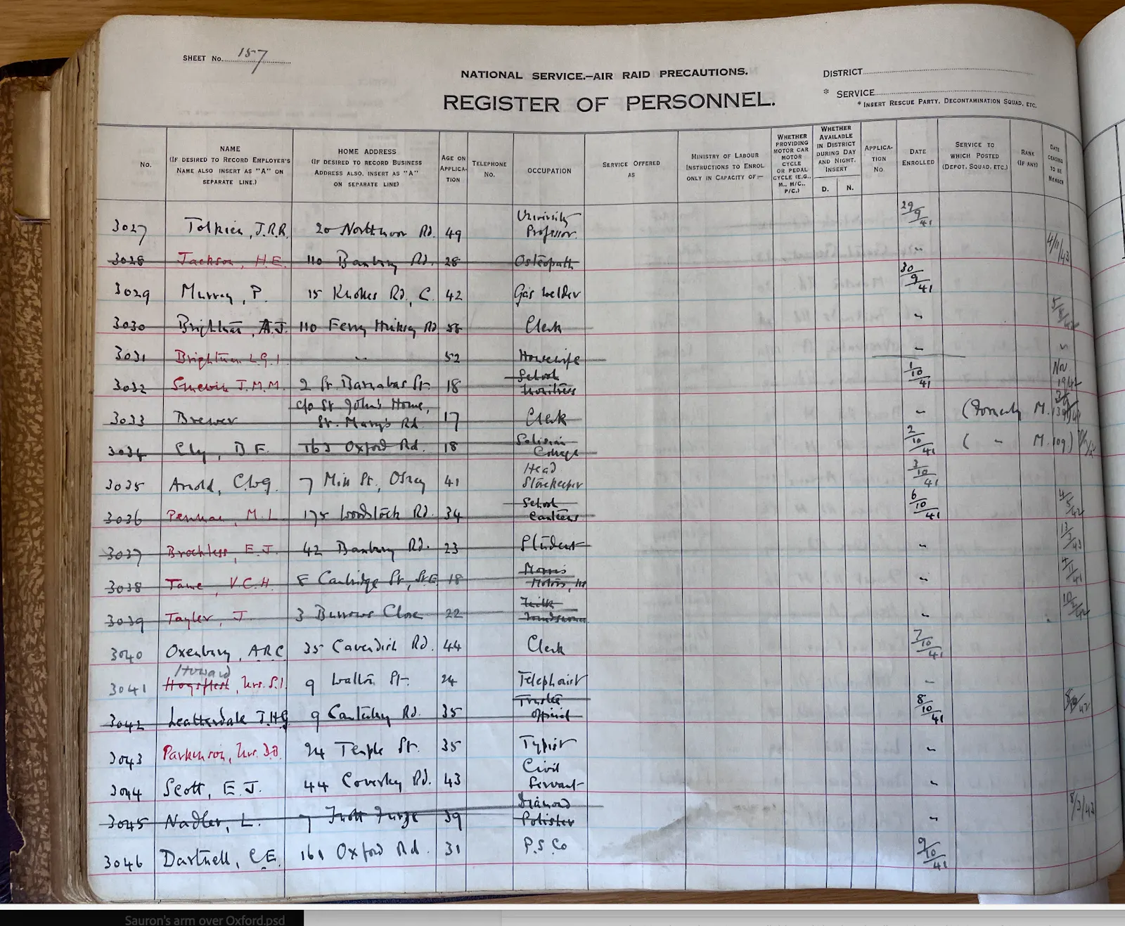 Tolkien in Oxford's Air Raid Precautions Register showing he enrolled as an air raid warden on 29 September 1941