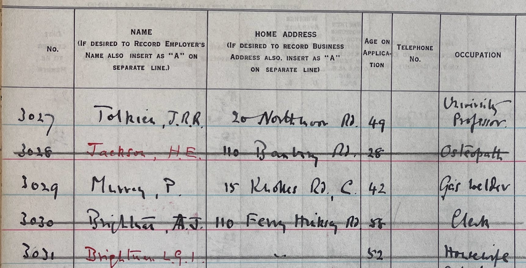 Tolkien's enrolment entry immediately follows Medawar's on 29 September 1941 and stands directly before Medawar's neighbour, H.E. Jackson