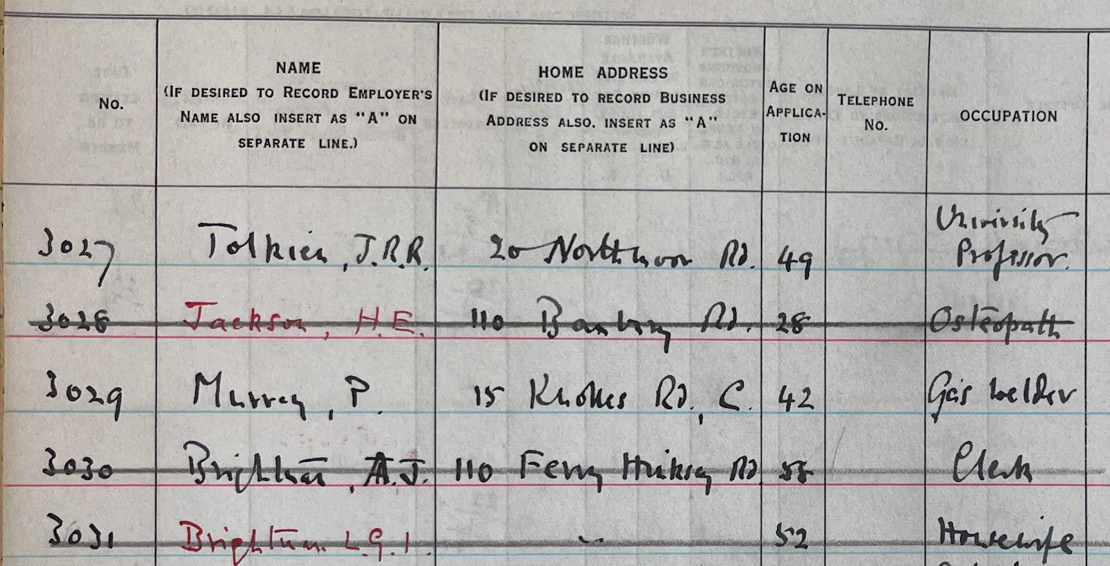 Tolkien's enrolment entry immediately follows Medawar's on 29 September 1941 and stands directly before Medawar's neighbour, H.E. Jackson