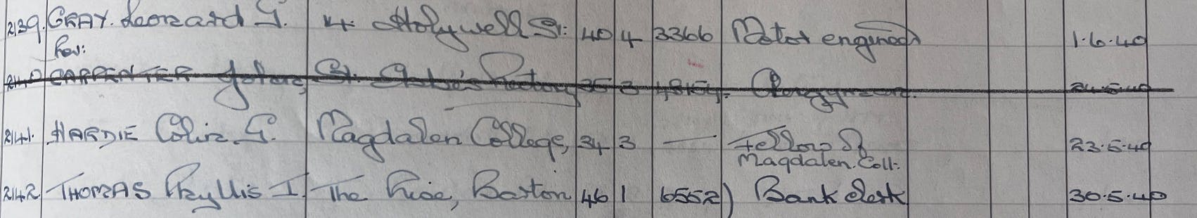 Colin Hardie of the Inklings in Oxford's register of air raid wardens