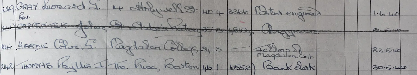 Colin Hardie of the Inklings in Oxford's register of air raid wardens