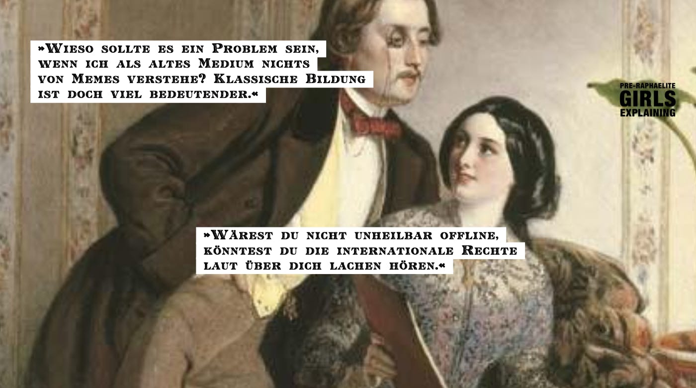 Gemäldedetail. Person im Anzug beugt sich über ein Buch oder Album ansehende Person im Kleid. Hinzugefügter Text »Wieso sollte es ein Problem sein, wenn ich als altes Medium nichts von Memes verstehe? Klassische Bildung ist doch viel bedeutender.«: