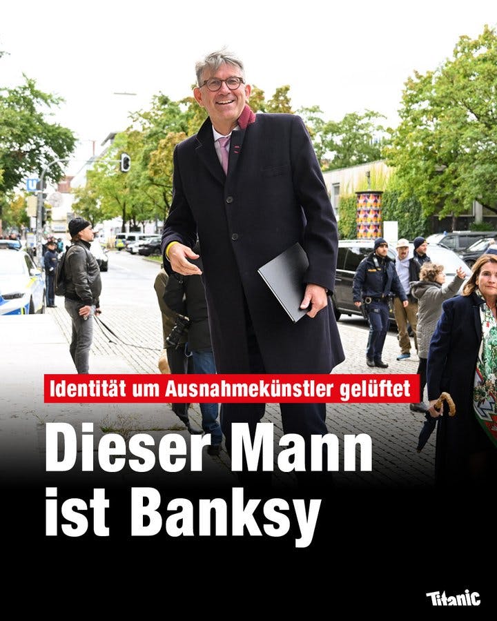 Wolfram Weimer unterwegs zu einem Termin, dazu der Text: "Identität um Ausnahmekünstler gelüftet: Dieser Mann ist Banksy."