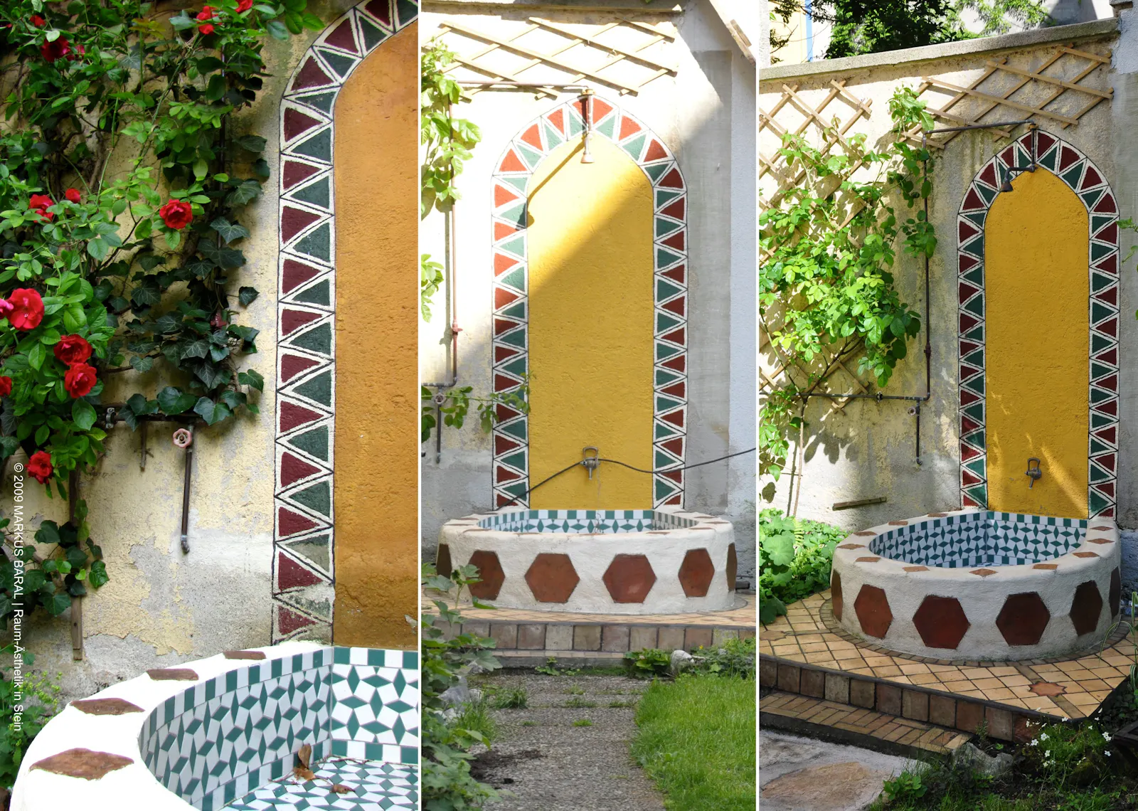 Foto-Collage, 3 verschiedene Ansichten der Außendusche mit Brunnen