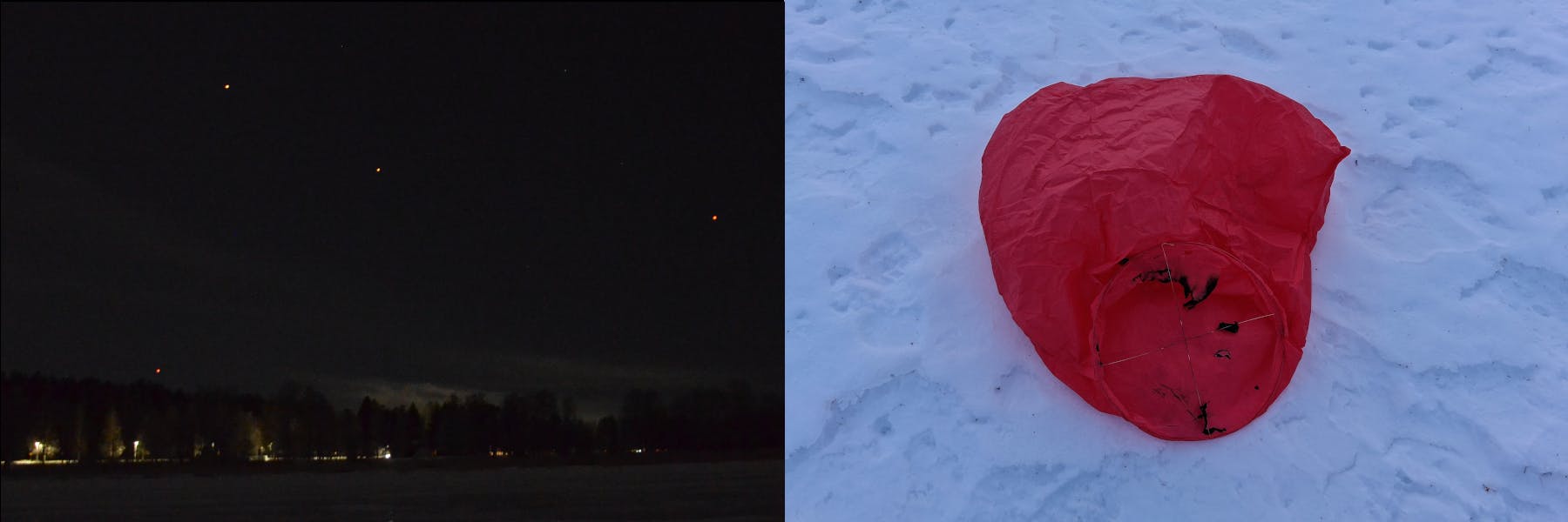 Zwei Bilder, eins nachts mit Punkten am Himmel, eins mit einer roten Hülle im Schnee.