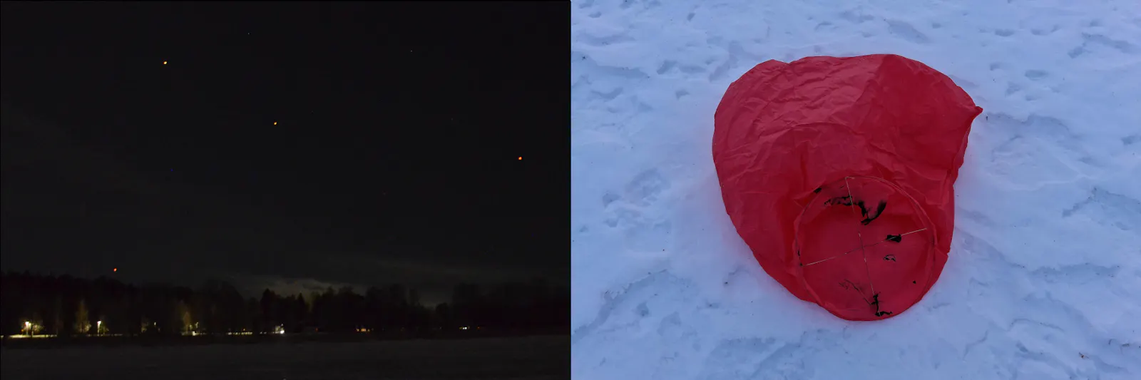 Zwei Bilder, eins nachts mit Punkten am Himmel, eins mit einer roten Hülle im Schnee.
