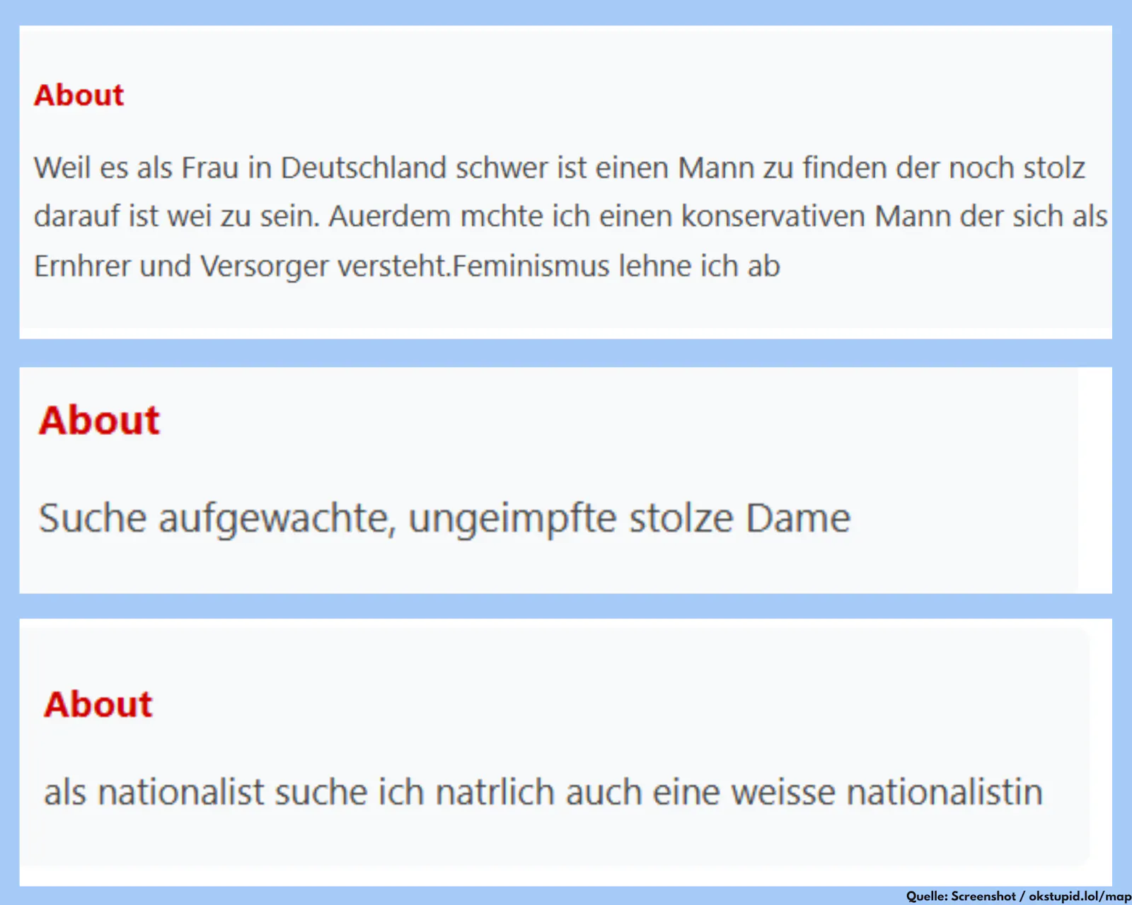 Auszüge von der Datingplattform WhiteDate.net. Da suchen Männer "aufgewachte, ungeimpfte" stolze Damen oder gleich direkt "weisse nationalistinnen".