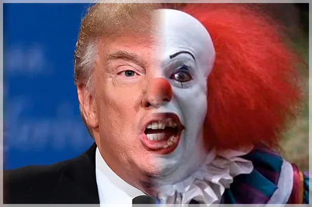 Fotomontage eines Kopfs: die linke Hälfte ist Trumps Gesicht, die rechte Hälfte der Clown Pennywise aus der neuen Version von Stephen Kings "Es"