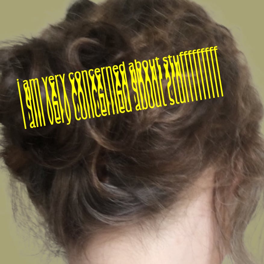 Im Bild ist mein Hinterkopf vor dem Friseurbesuch zu sehen. Eine gestretchte, gelbe Schrift sagt: "I am very concerned about stuff"