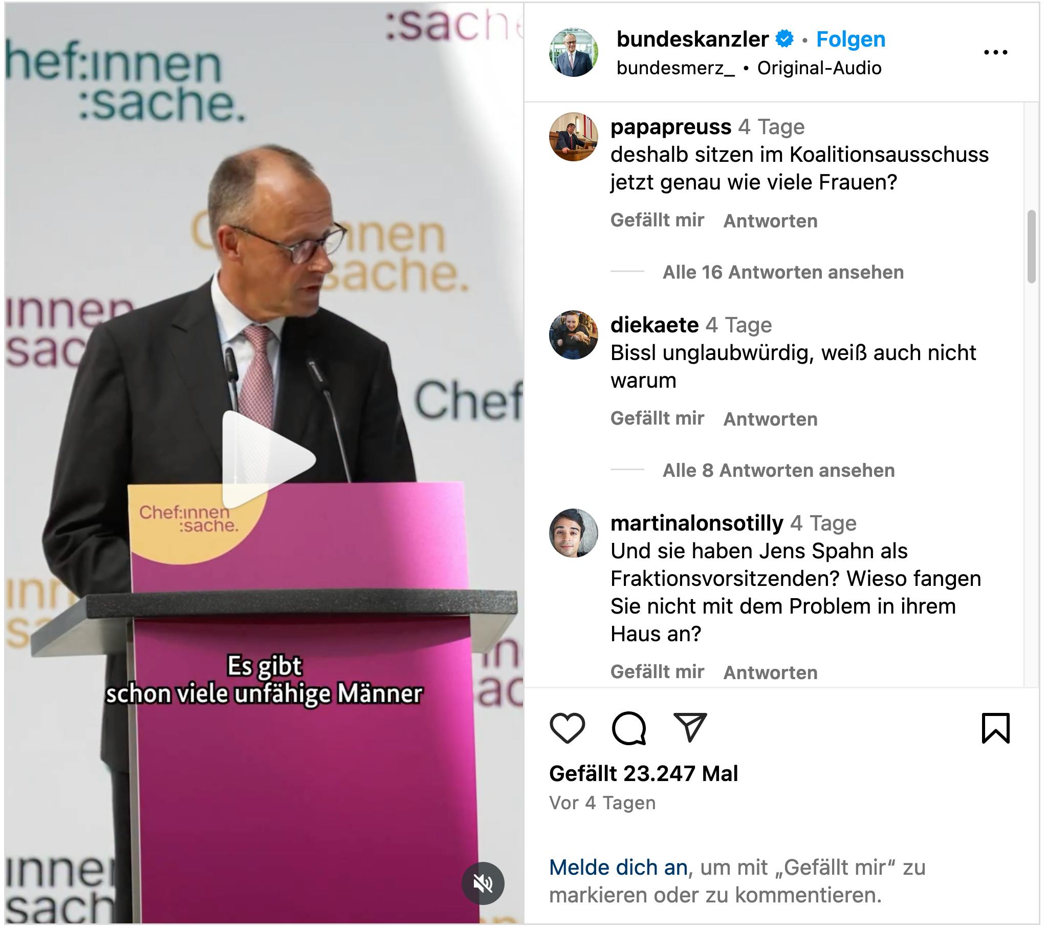 Merz am pinken Redepult über unfähige Männer - Screenshot eines Insta-Reels
