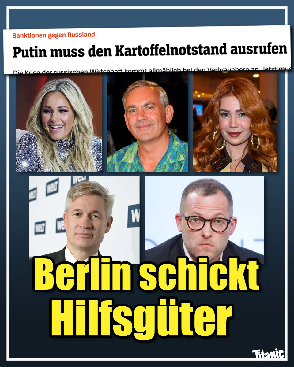 Ein Screenshot einer Schlagzeile: "Sanktionen gegen Russland: Putin muss den Kartoffelnotstand ausrufen". Darunter Fotos von Helene Fischer, Wladimir Kaminer, Palina Rojinski, Ulf Poschardt und Julian Reichelt sowie der Text "Berlin schickt Hilfsgüter".