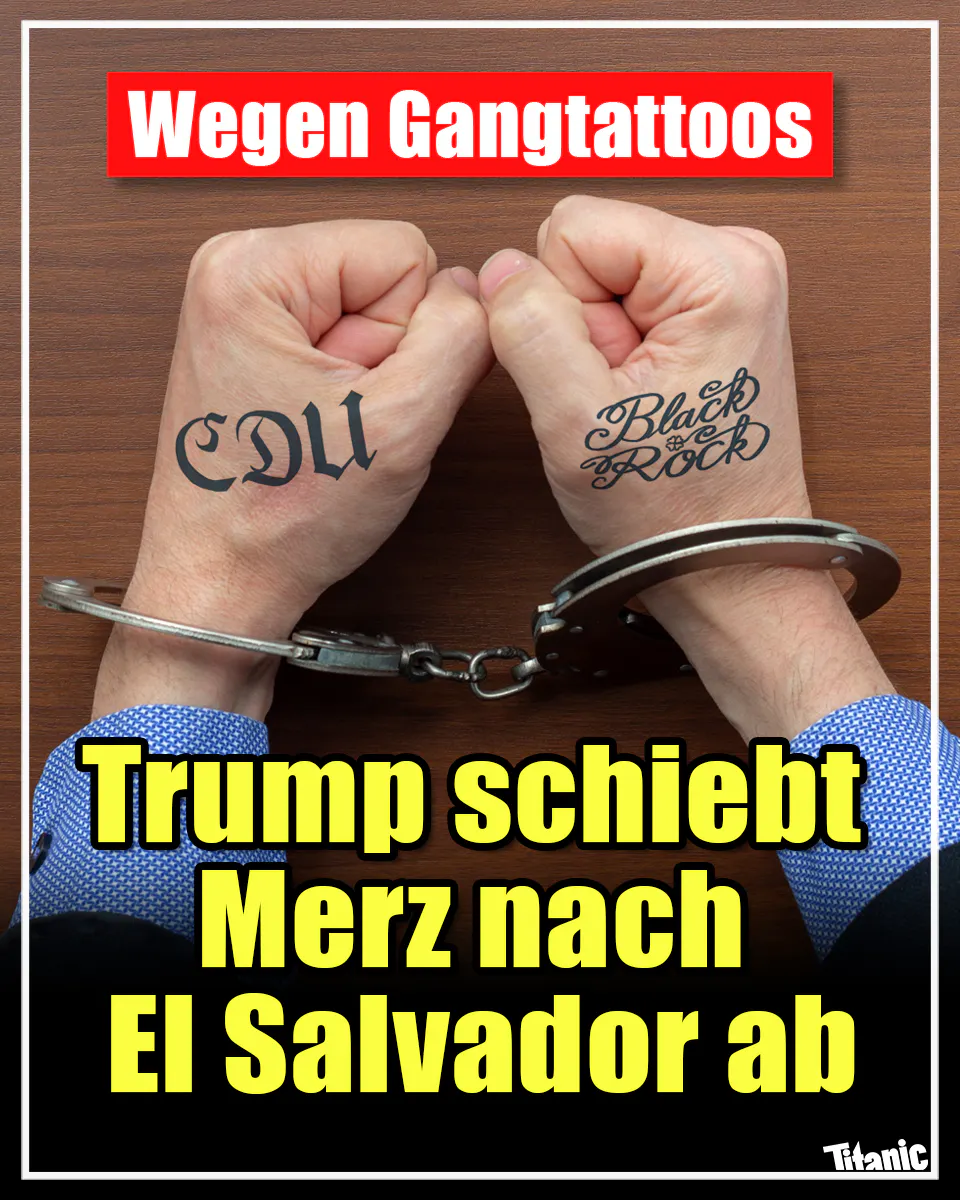 Zwei Fäuste in Handschellen, auf den Handrücken sind zwei Tattoos zu sehen: auf dem linken steht in Frakturschrift "CDU", auf dem rechten in geschwungener Schrift "Black Rock". Dazu der Text: "Wegen Gangtattoos: Trump schiebt Merz nach El Salvador ab".