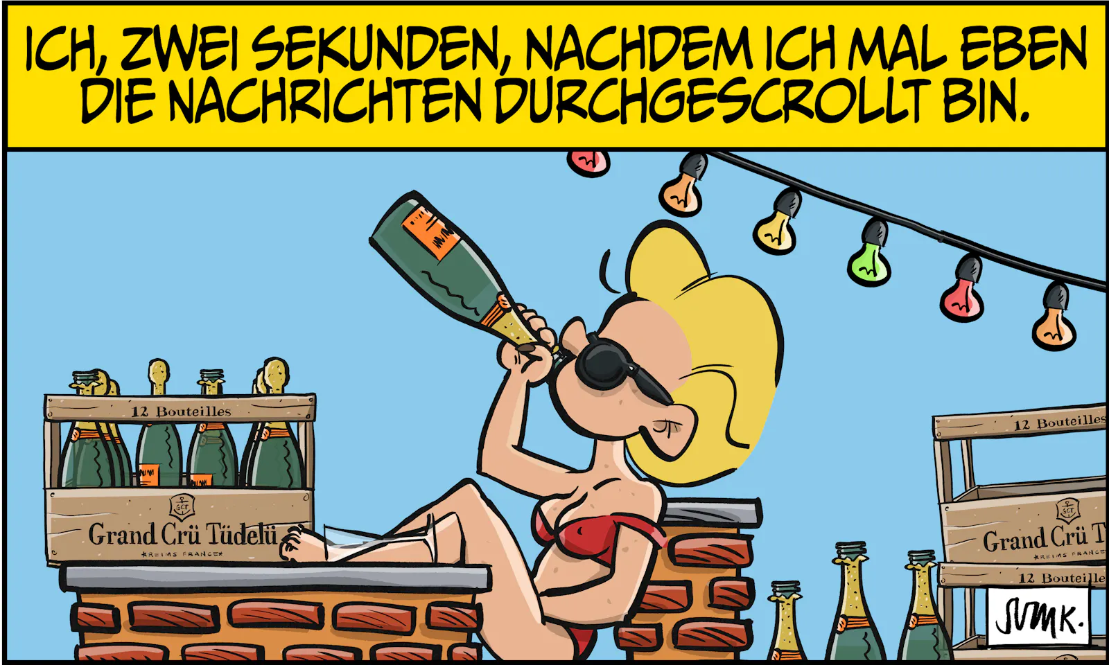 Dann: „Ich, zwei Sekunden, nachdem ich mal eben die Nachrichten durchgescrollt bin.“ Ivy trinkt direkt aus der Flasche, um sie herum stapeln sich Kisten Champagner.