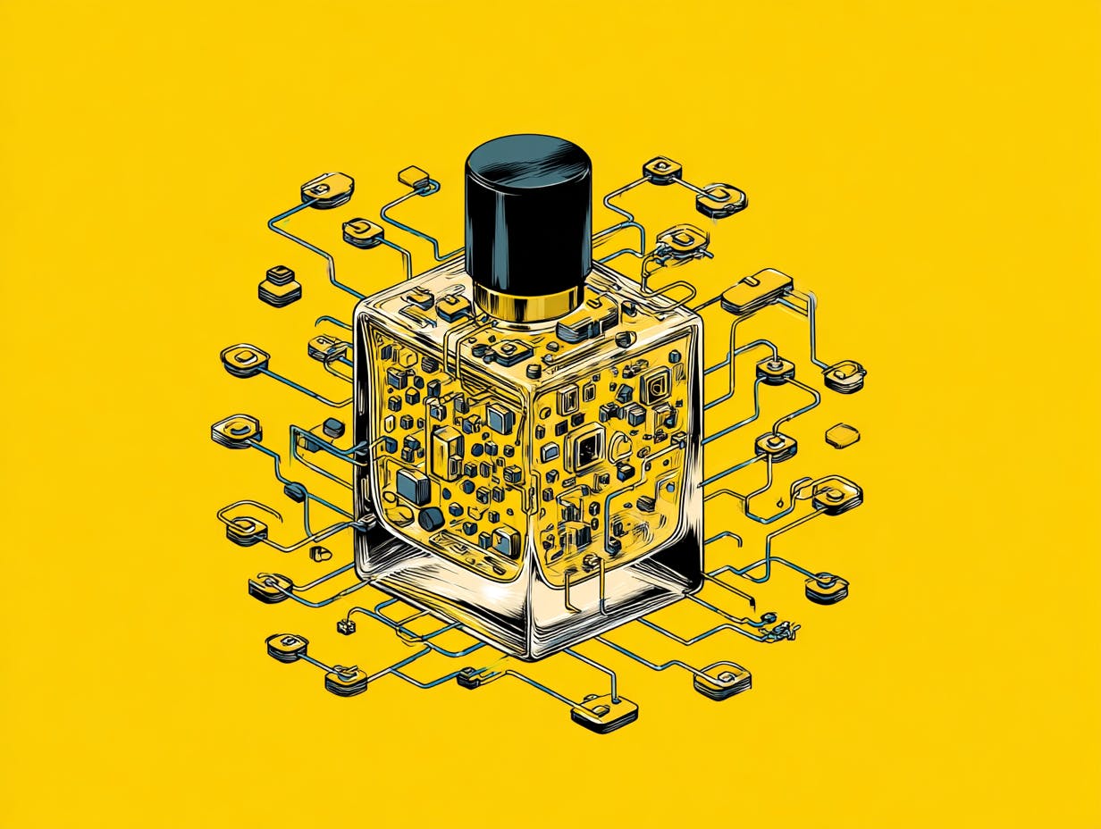 Mit dem Prompt für die Geschichte wurde auch dieses Bild erstellt. Es zeigt eine von vielen möglichen Umsetzungen der Vorgabe, ein Parfüm mit Verbindung zum Internet und zur modernen Technik zu visualisieren.