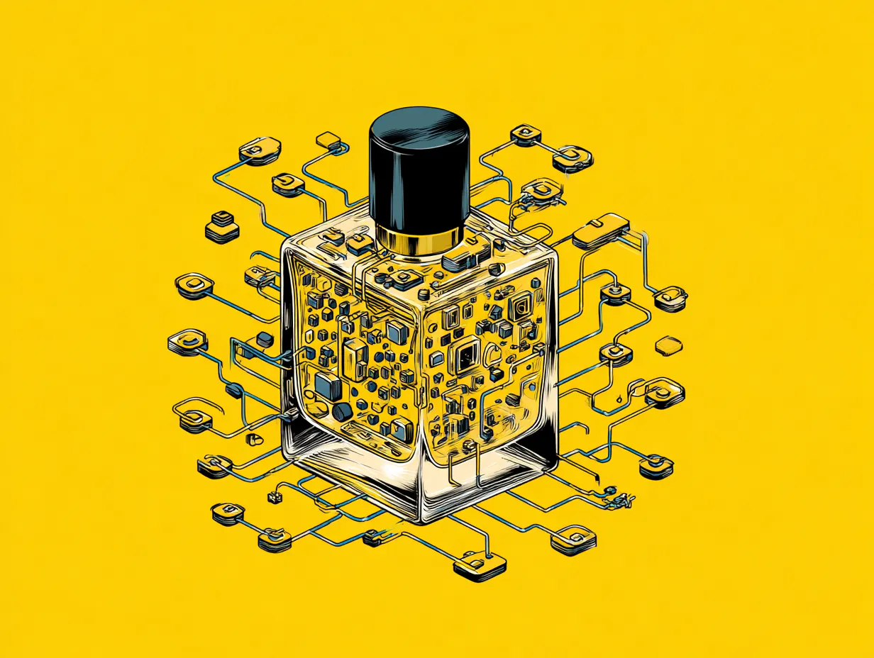 Mit dem Prompt für die Geschichte wurde auch dieses Bild erstellt. Es zeigt eine von vielen möglichen Umsetzungen der Vorgabe, ein Parfüm mit Verbindung zum Internet und zur modernen Technik zu visualisieren.